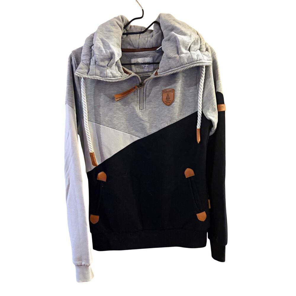 Wanakome Womens Colorblock 1/4 Zip Sweatshirt Gray Black Funnel Neck S Granola